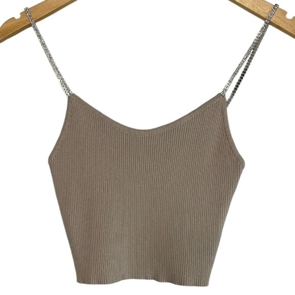 Debut NWOT Rhinestone Spaghetti Strap Taupe Fitted Crop Ribbed Knit Cami Top S/M - Picture 2 of 11